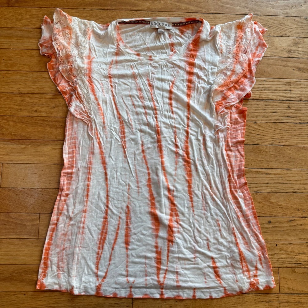 Knox Rose Women Orange White Tie Dye Lace Flutter Sleeve Boho Top Medium